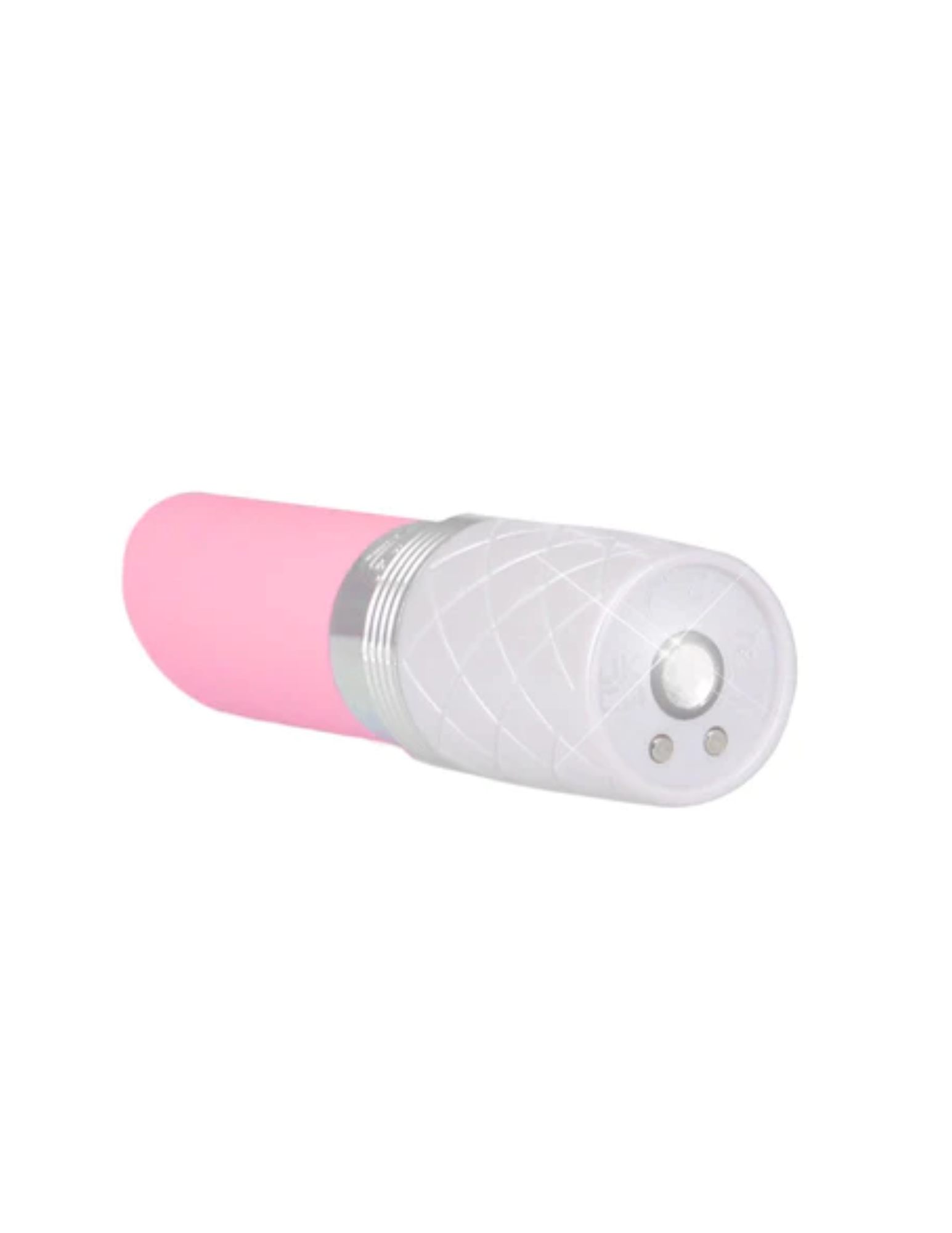Back angle view of the Pillow Talk Lusty flicking vibrator (pink) shows off its Swarovski power and control button at the base.
