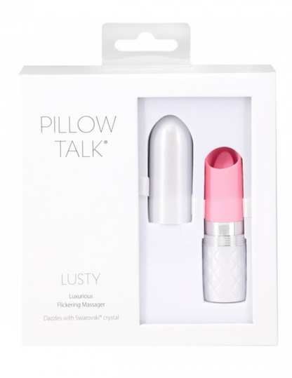 Photo of the front of the box for the Pillow Talk Lusty flicking vibrator (pink).