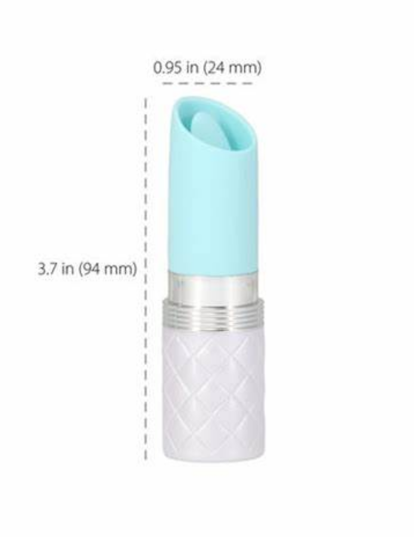 Diagram shows the dimensions of the Pillow Talk Lusty flicking vibrator (teal).