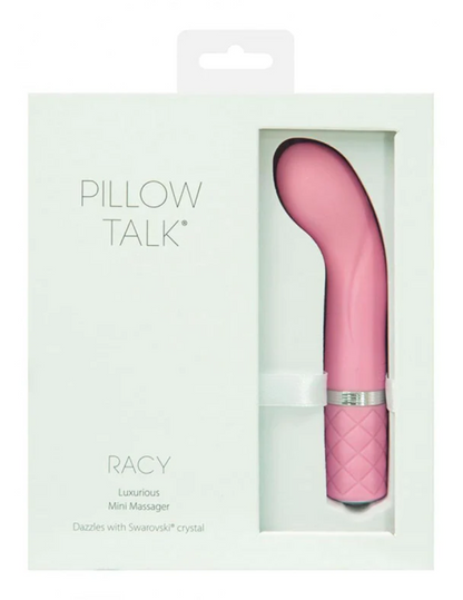 Photo of the front of the box for the Pillow Talk Racy bullet from BMS Factory (pink).