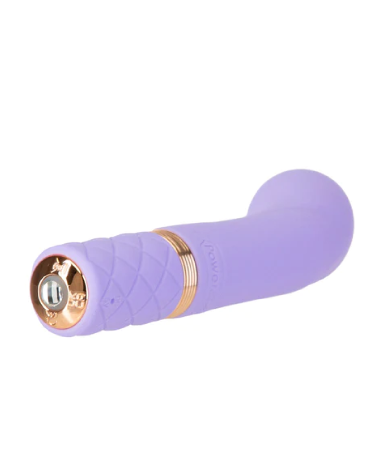 Back angle view of the Pillow Talk Racy bullet from BMS Factory (purple) shows its G-spot curve and small size, as well as its hidden charging port.