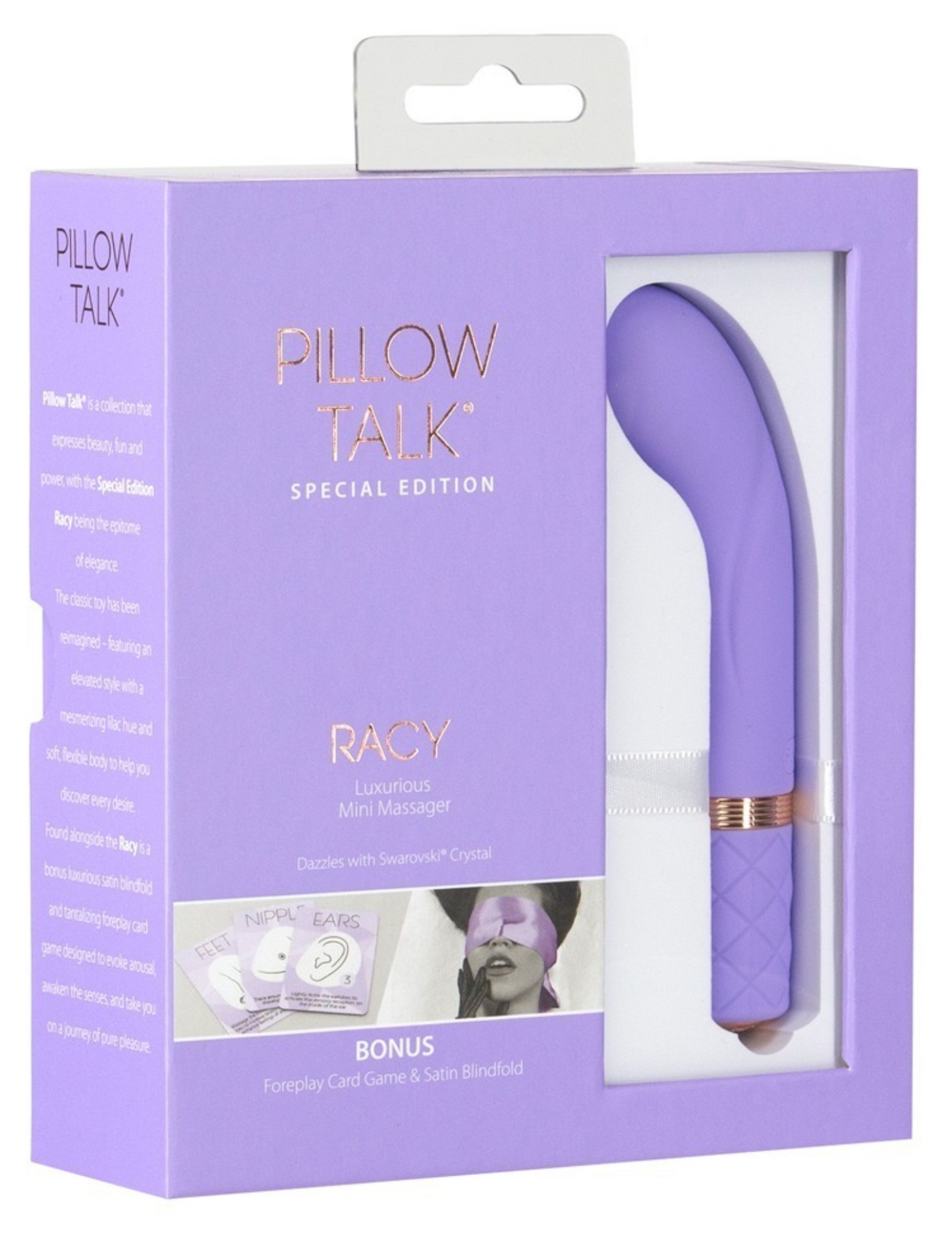 Photo of the front of the box for the Pillow Talk Racy bullet from BMS Factory (purple).
