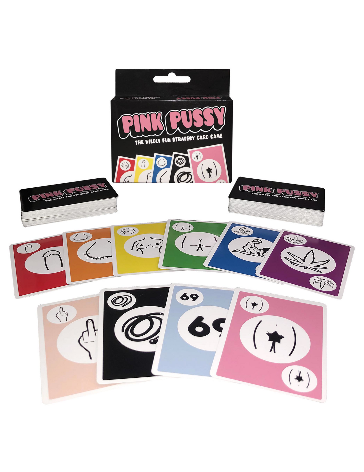 Photo of the different cards in the Pink Pussy Card Game from Kheper Games.
