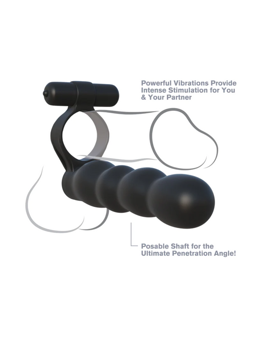 Image shows a diagram of how to wear the Fantasy C-Ringz Posable Partner Double Penetrator Cock Ring from Pipedreams (black).