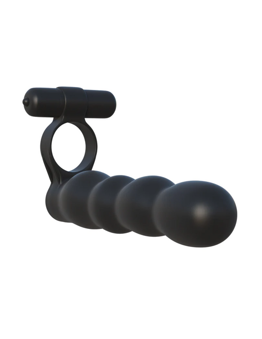 Front angle view of the Fantasy C-Ringz Posable Partner Double Penetrator Cock Ring from Pipedreams (black) shows its vibrating bullet, attached cock ring, and long penetrator.