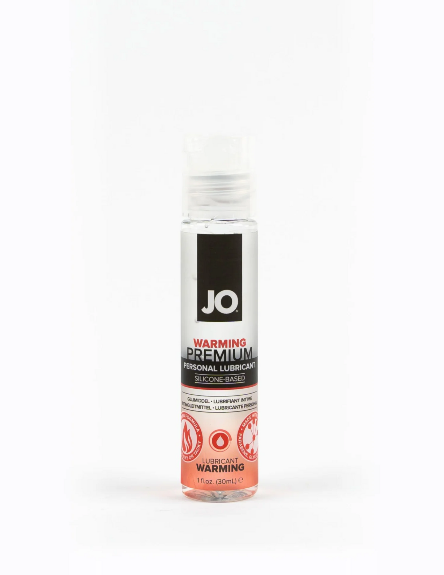 Photo of the front of the bottle of JO Premium Silicone Warming Lubricant (1oz).