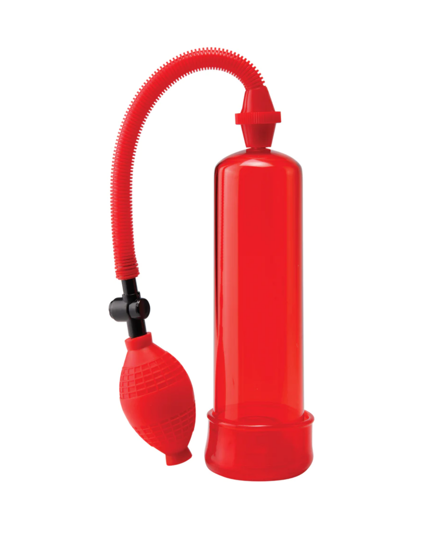 Front view of the Pump Worx Beginner's Penis Enlargement System from Pipedreams (red) shows its handheld pump bulb, valve and vacuum tube.