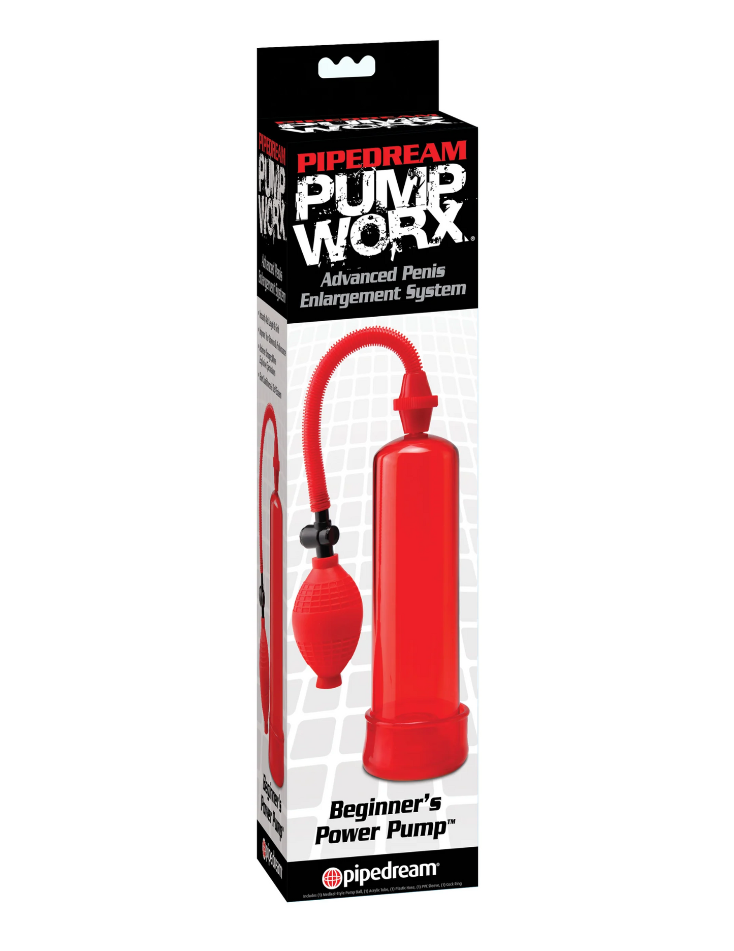Photo of the box for the Pump Worx Beginner's Penis Enlargement System from Pipedreams (red).