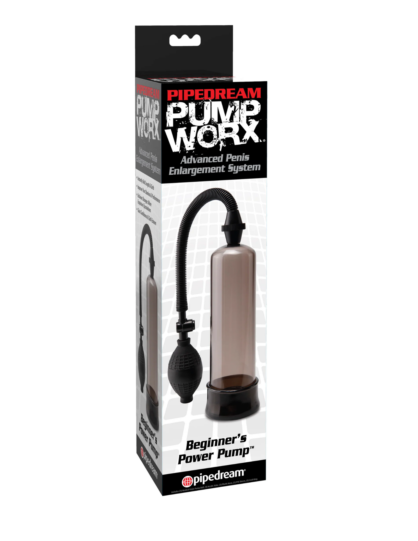 Photo of the box for the Pump Worx Beginner's Penis Enlargement System from Pipedreams (smoke).