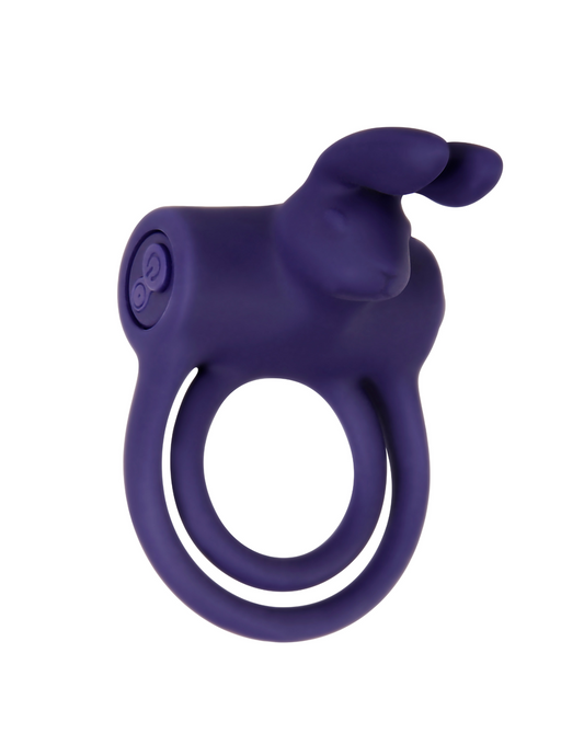 Front angle view of the Adam and Eve Silicone Rechargeable Rabbit Ring shows its dual rings and power control buttons.