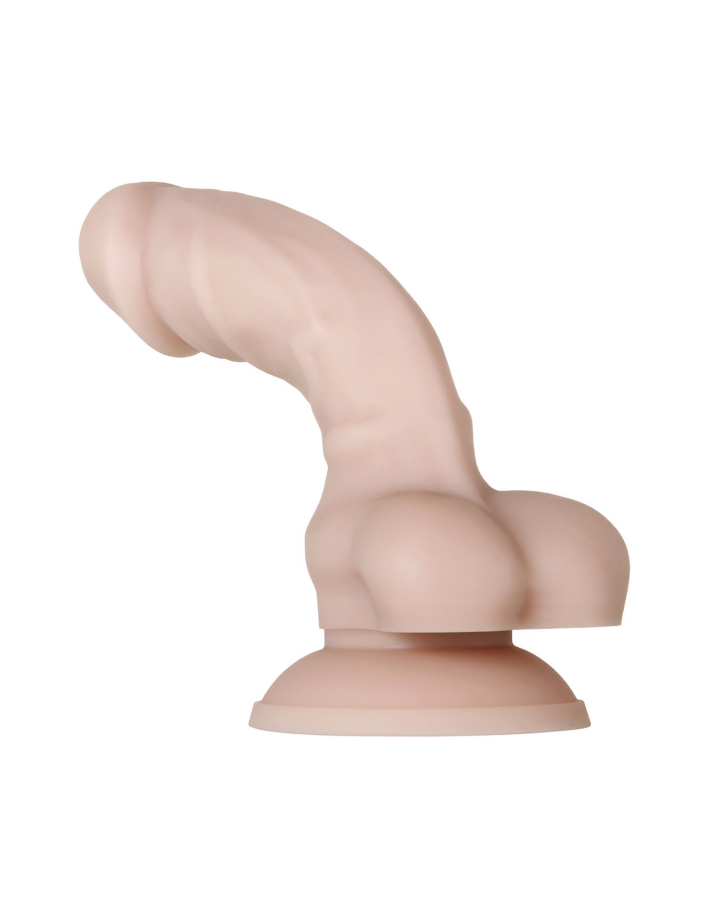 Images shows the Real Supple Silicone Poseable Dildo w/ Balls from Evolved Novelties (6in, light) bending backward to shows its flexibility.