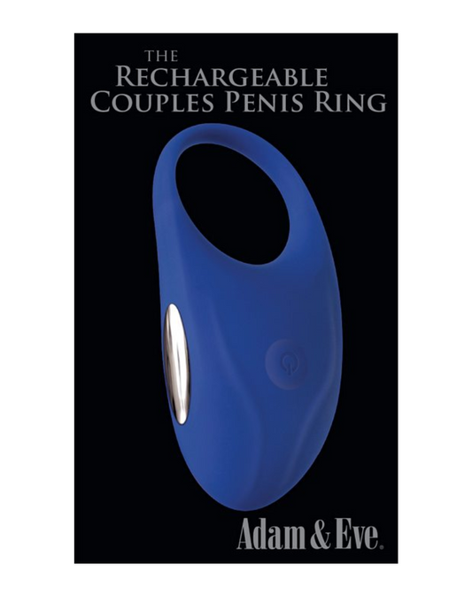 Adam and Eve Rechargeable Silicone Couples Penis Ring in its box.