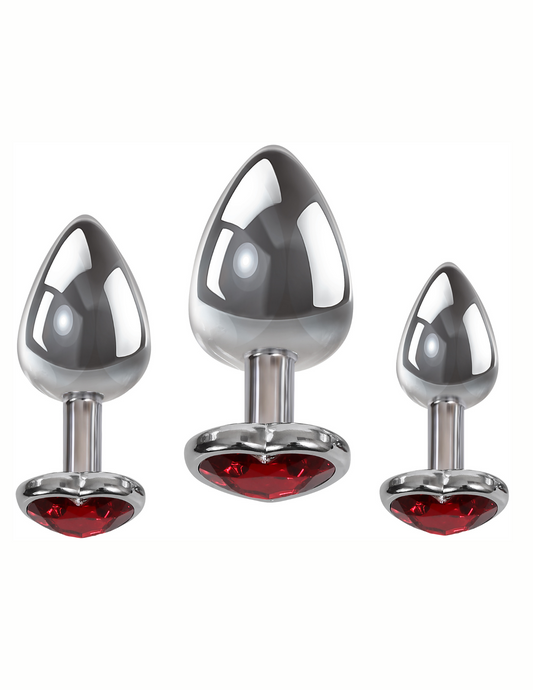Adam and Eve Three Hearts Gem Anal Plug Set showing the 3 different sizes and their gem bases.