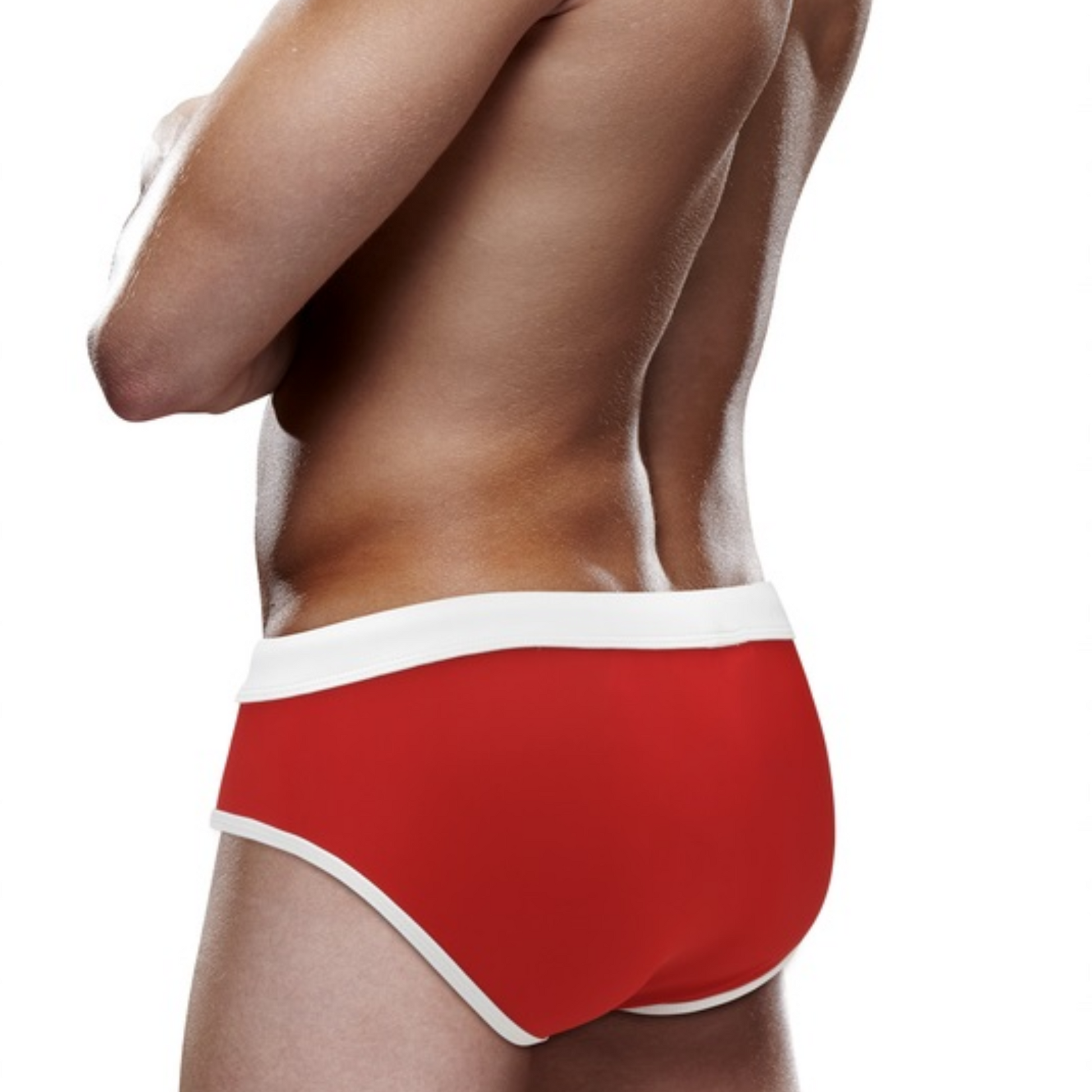 Photo of the back of a model wearing the Prowler Swim Briefs (red).