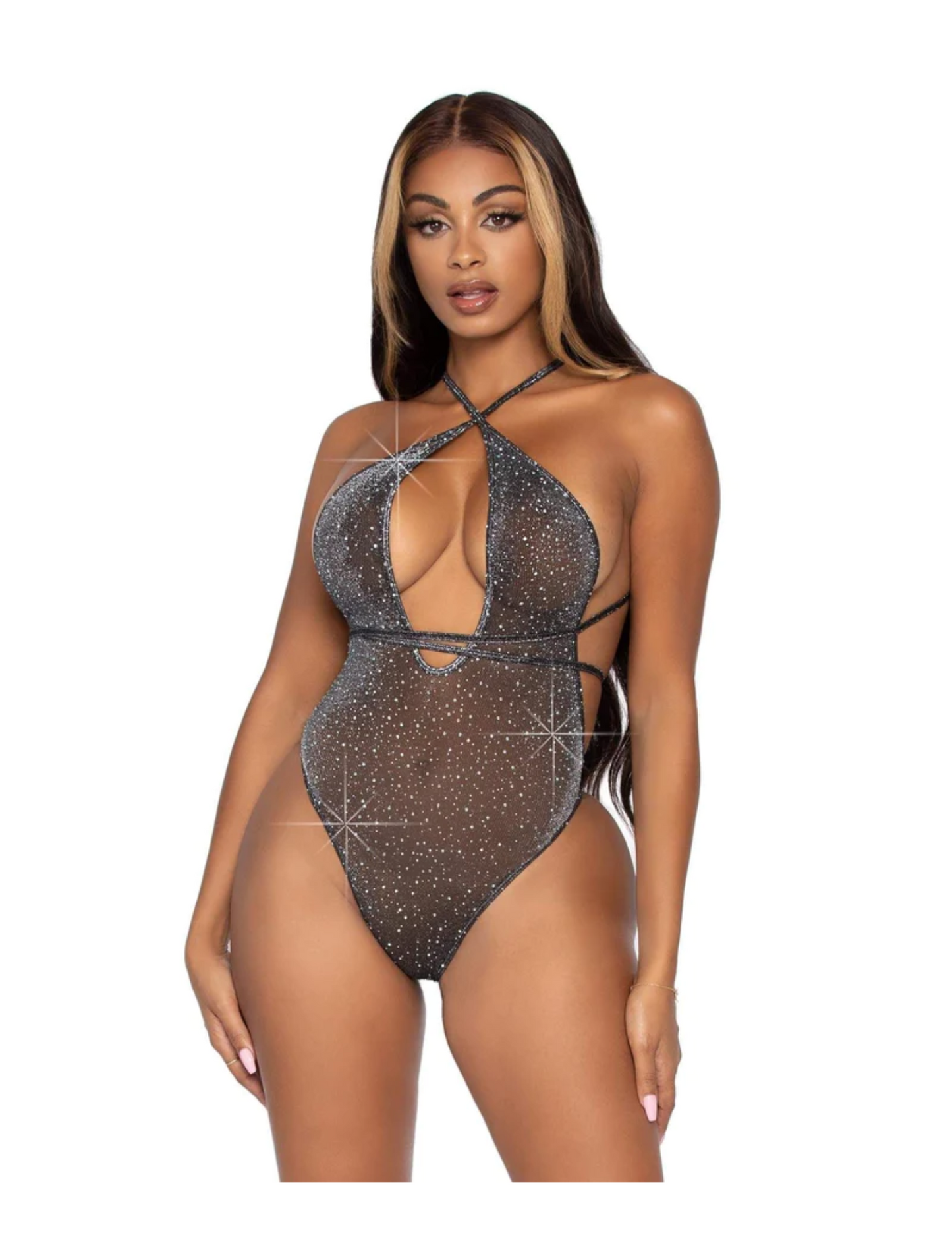 Front  photo of a model wearing the Shimmer Sheer Convertible Lurex Rhinestone Bodysuit from Leg Avenue (black, OS).