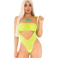 Front view of a model wearing the Rhinestone Mesh Bandeau Bodysuit (neon yellow) from Leg Avenue.