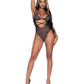 Front view of a model wearing the Rhinestone Mesh Wrap Around Bodysuit from Leg Avenue (black, OS).