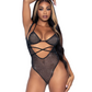 Front view of a model wearing the  Rhinestone Mesh Wrap Around Bodysuit from Leg Avenue (black, OS).