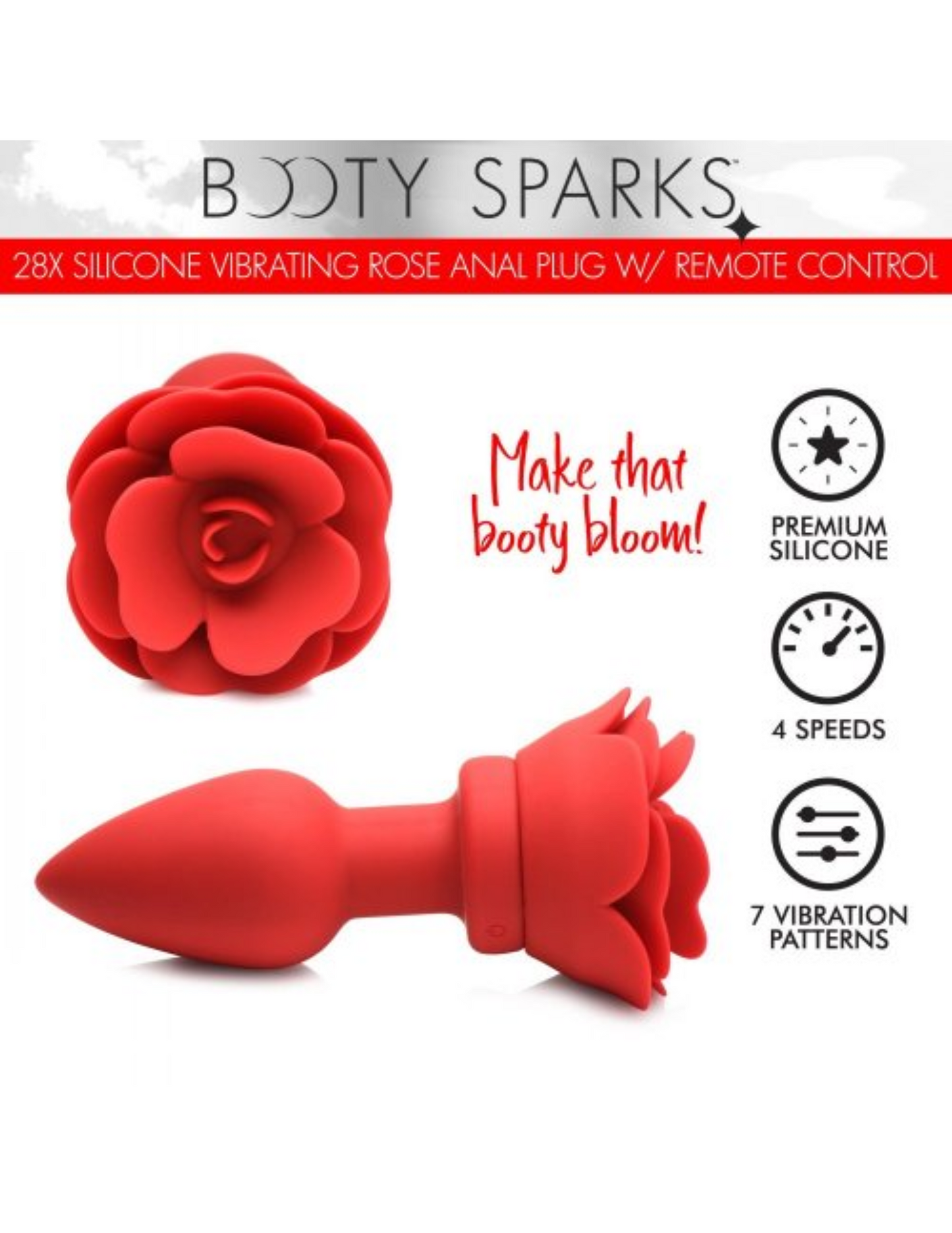 Image shows the rose bud of the plug and the side view of the plug. Also has symbols noting that the product is: made of premium silicone, has 4 speeds, and 7 vibration patterns.