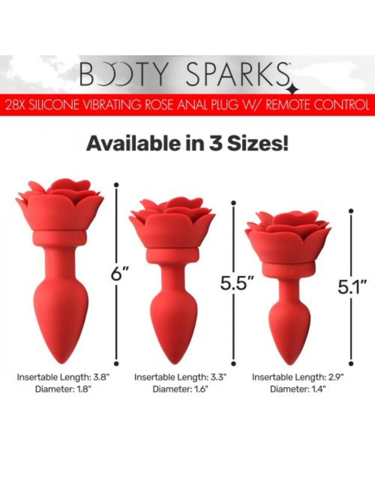 Images show the dimensions and measurements of the various size options of this butt plug as described in this product.