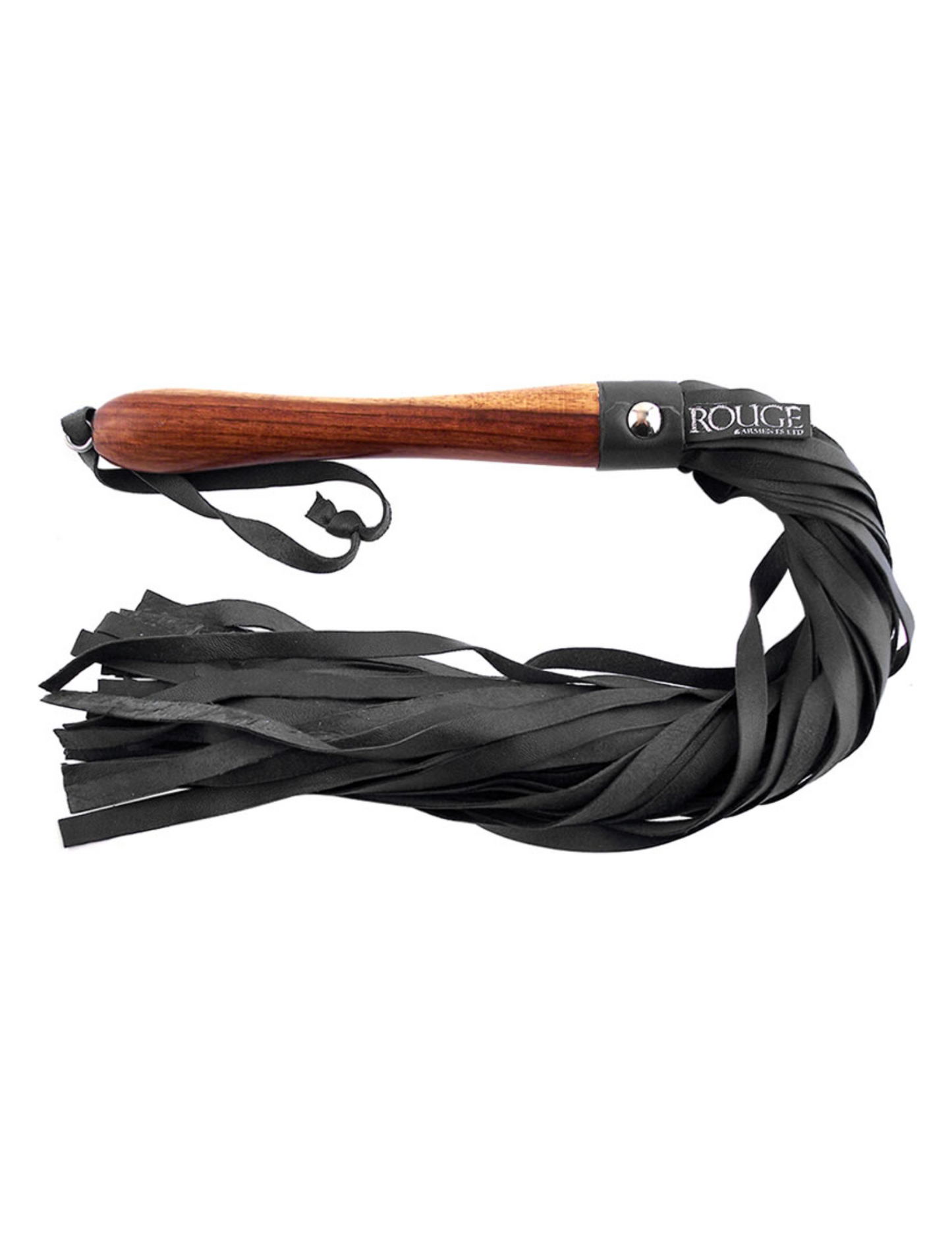 Photo of the Wooden Handled Leather Flogger from Rouge (black) shows its sturdy handle and soft, flexible, leather tresses.