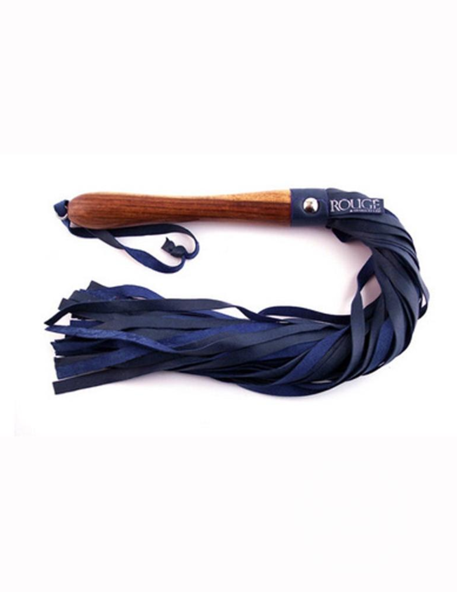 Photo of the Wooden Handled Leather Flogger from Rouge (blue) shows its sturdy handle and soft, flexible, leather tresses.