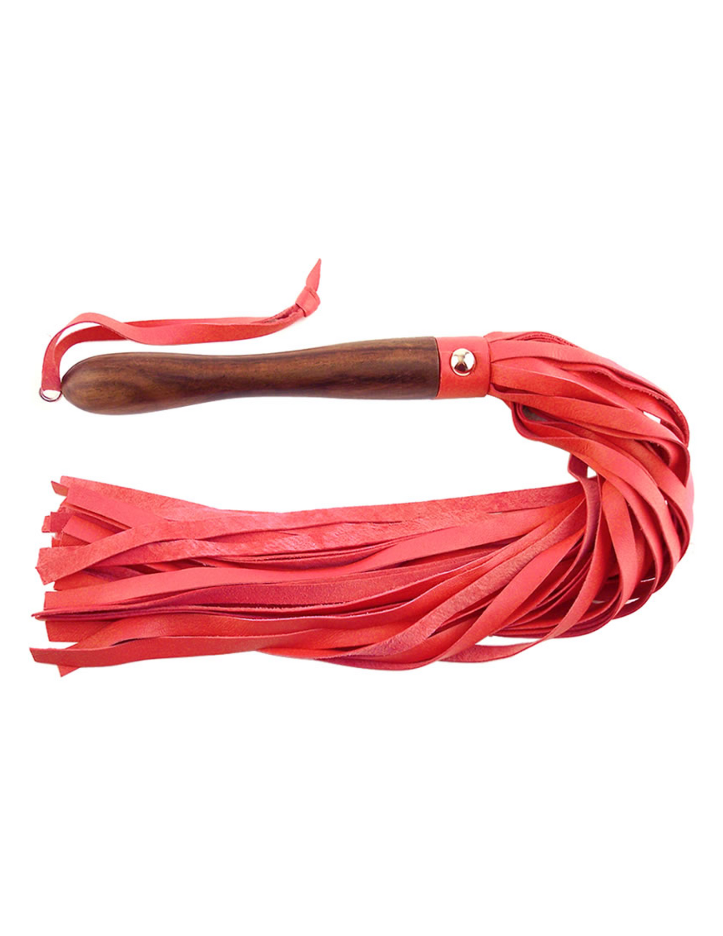 Photo of the Wooden Handled Leather Flogger from Rouge (red) shows its sturdy handle and soft, flexible, leather tresses.