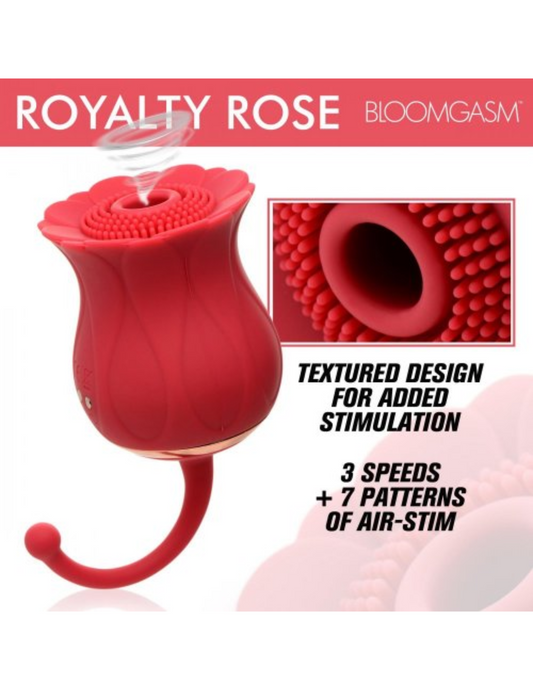 Advertisement showing the product from the side, as well as a close-up of the suction hole. The ad says "Textured design for added stimulation" and "3 speeds + 7 patterns of air-stim".