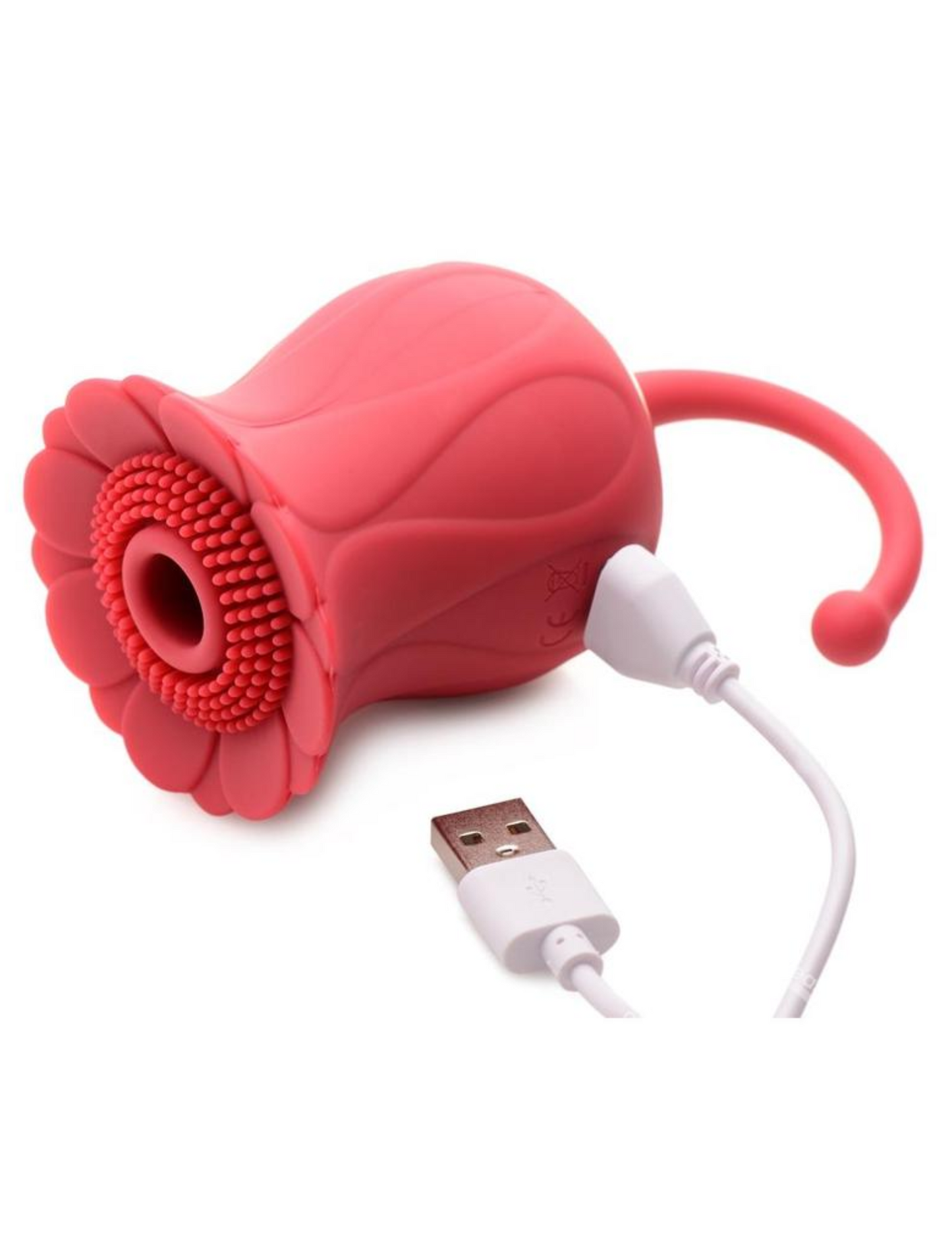 Close-up of the USB charging cord connected to the Bloomgasm Royalty Rose Clit Stimulator from XR Brands.