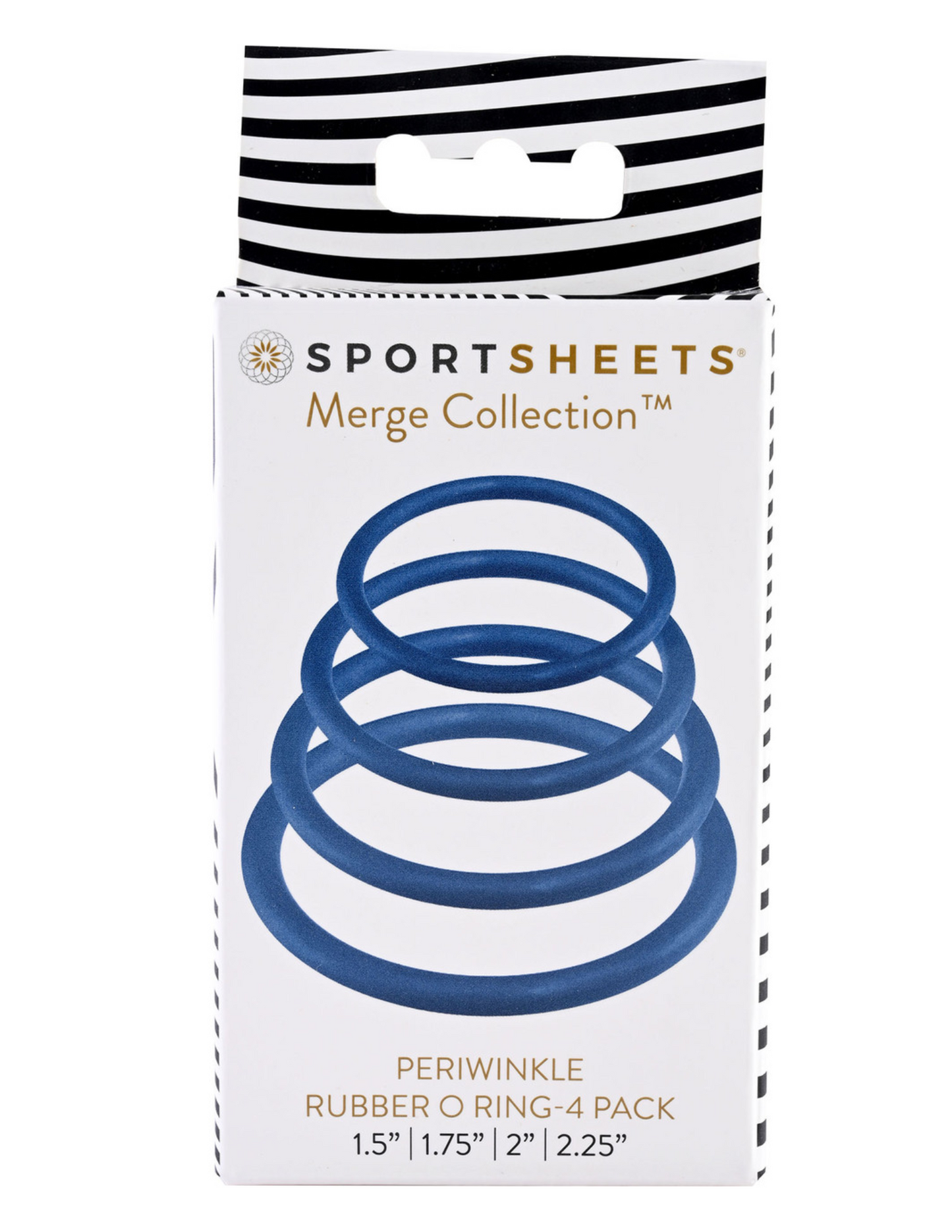 Photo of the box for the Merge Collection Rubber O-Ring (periwinkle) from Sportsheets.