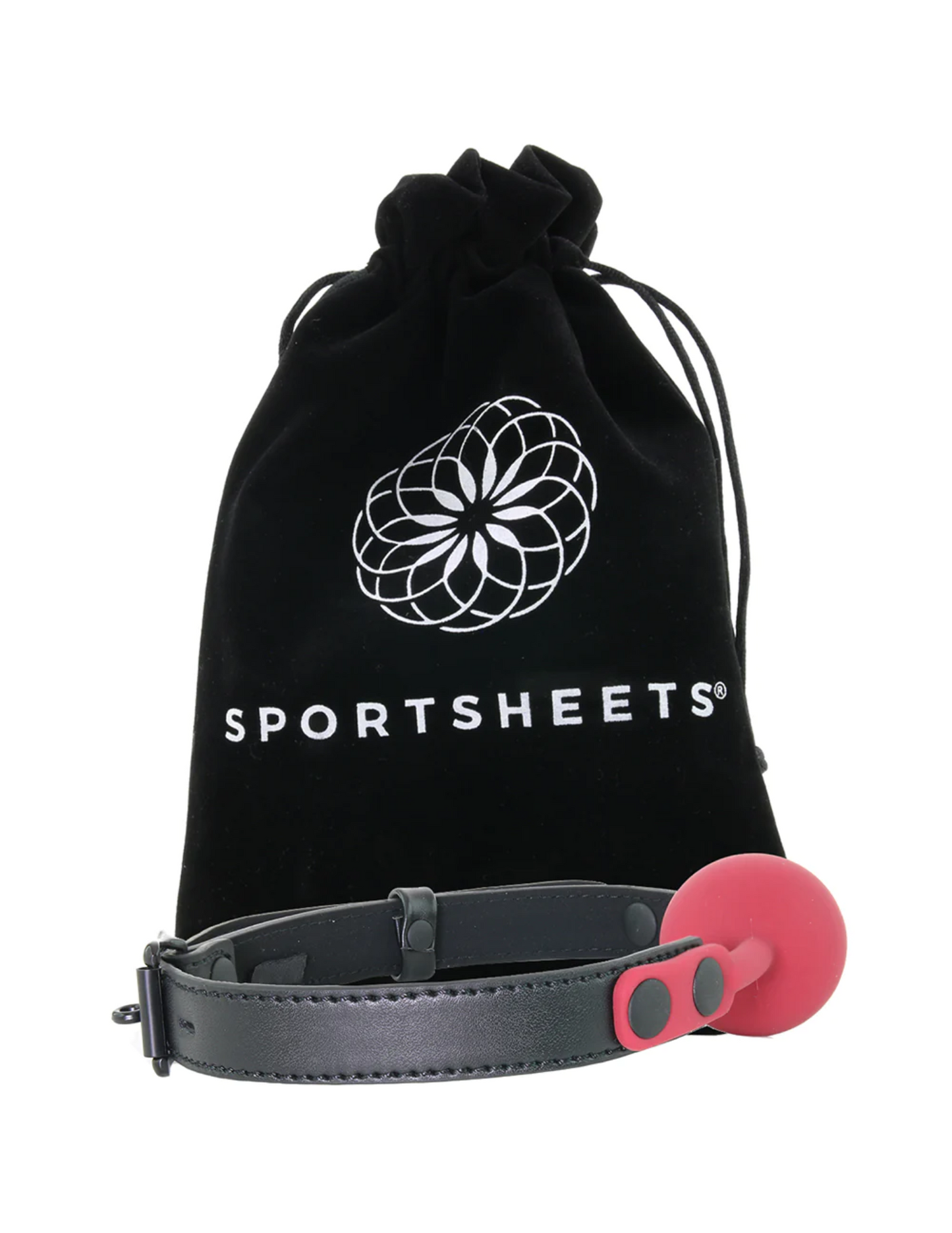 Photo of the Sportsheets Saffron - Ball Gag and its velvet storage bag.