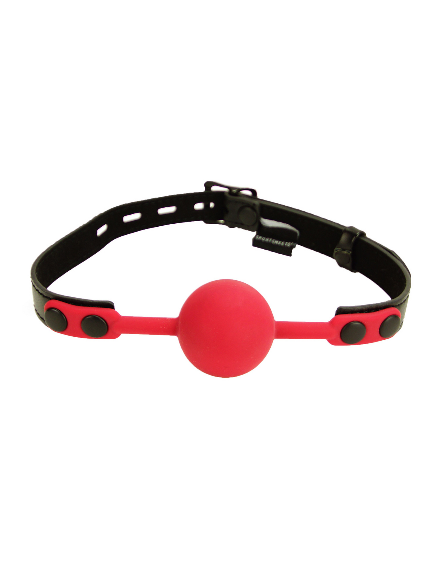 Front view of the red ball gag shows its strap and hardware.