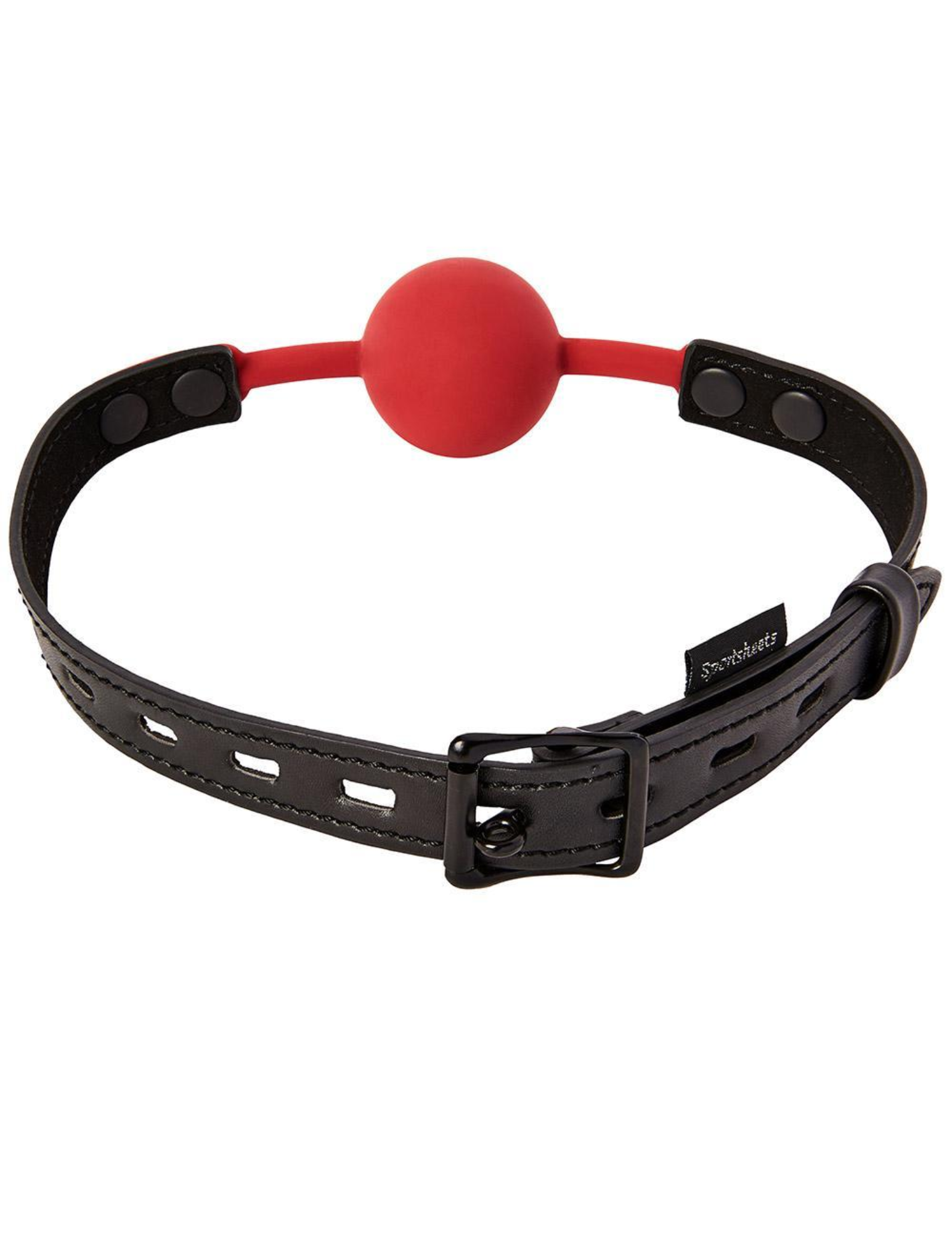 Back view of the ball gag shows that it is adjustable and the size of the ball.