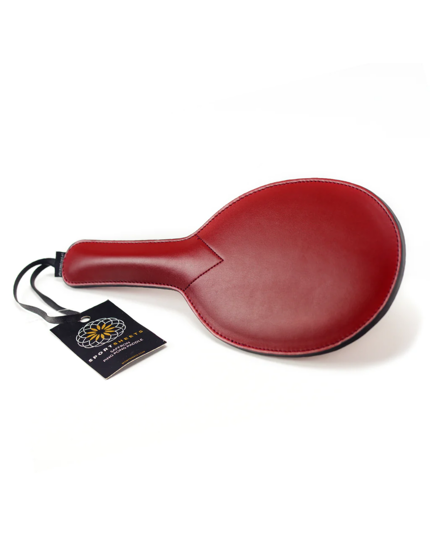 Side angle view of the Sportsheets Saffron Ping Pong Paddle (red).