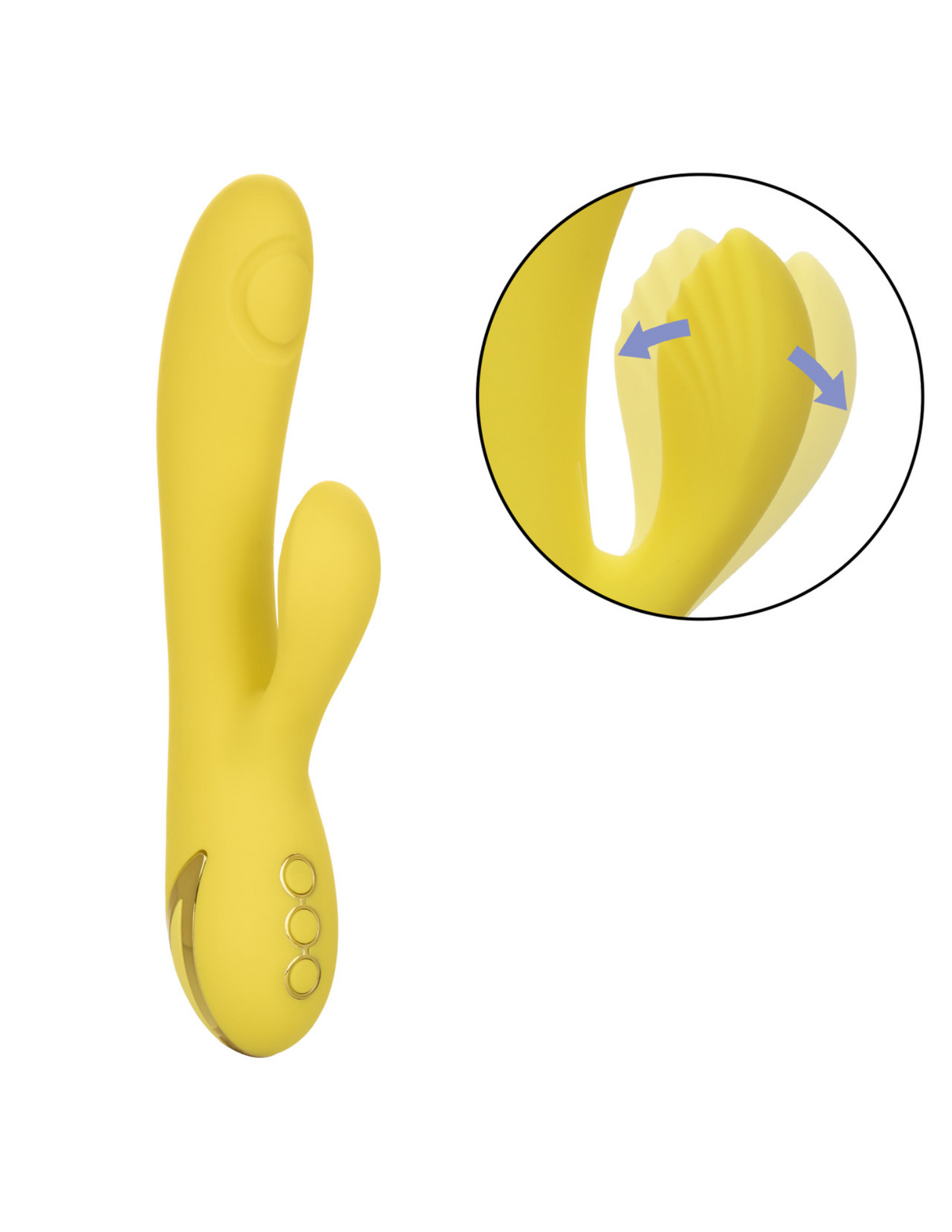 Image shows the California Dreaming San Diego Seduction Vibrator (yellow) from CalExotics, highlighting the clitoral stimulator showing how it moves back and forth.