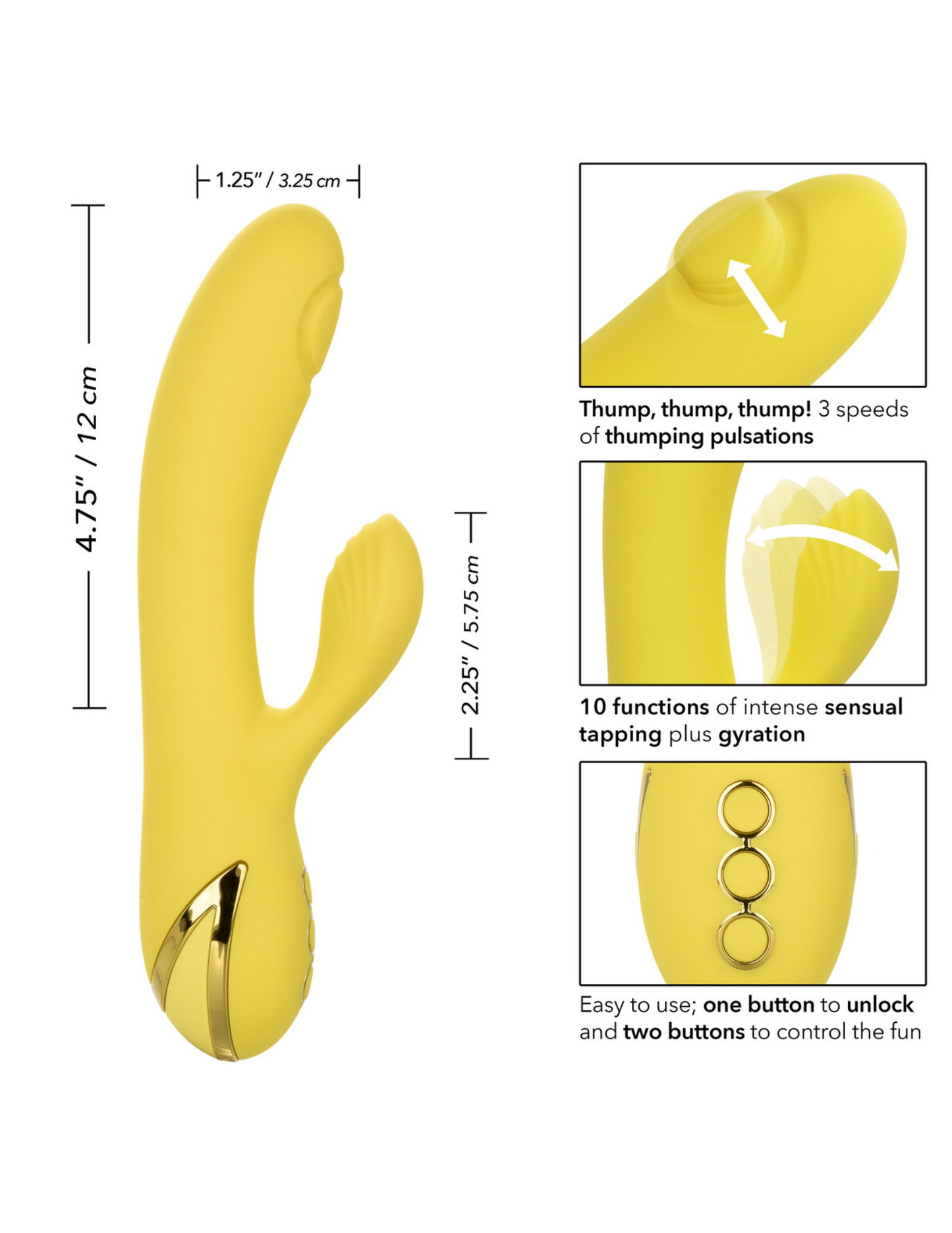 Diagram shows the dimensions and features of the California Dreaming San Diego Seduction Vibrator (yellow) from CalExotics.
