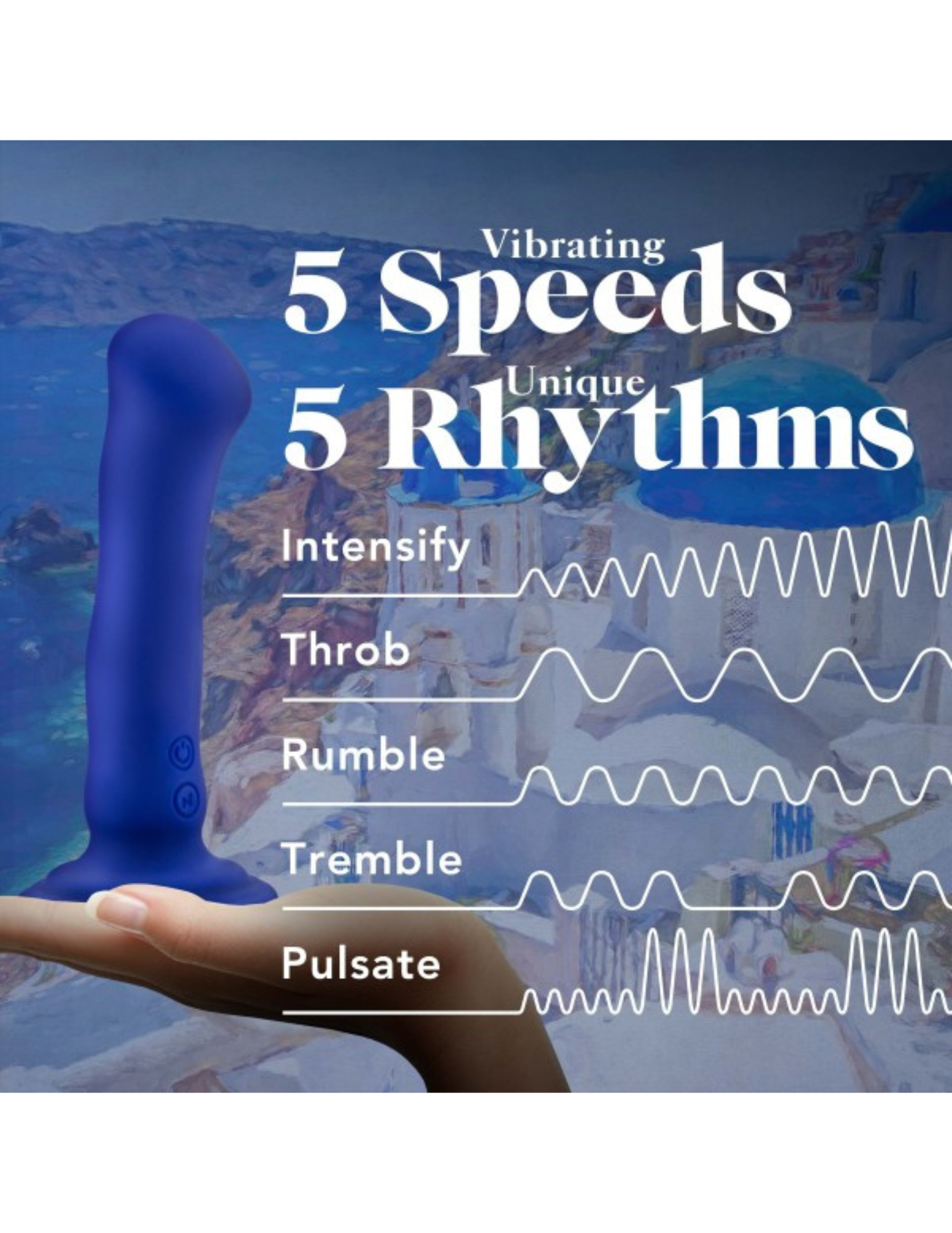 Image shows the variations in speeds and patterns of the Impressions Santorini Vibrator from Blush (blue).