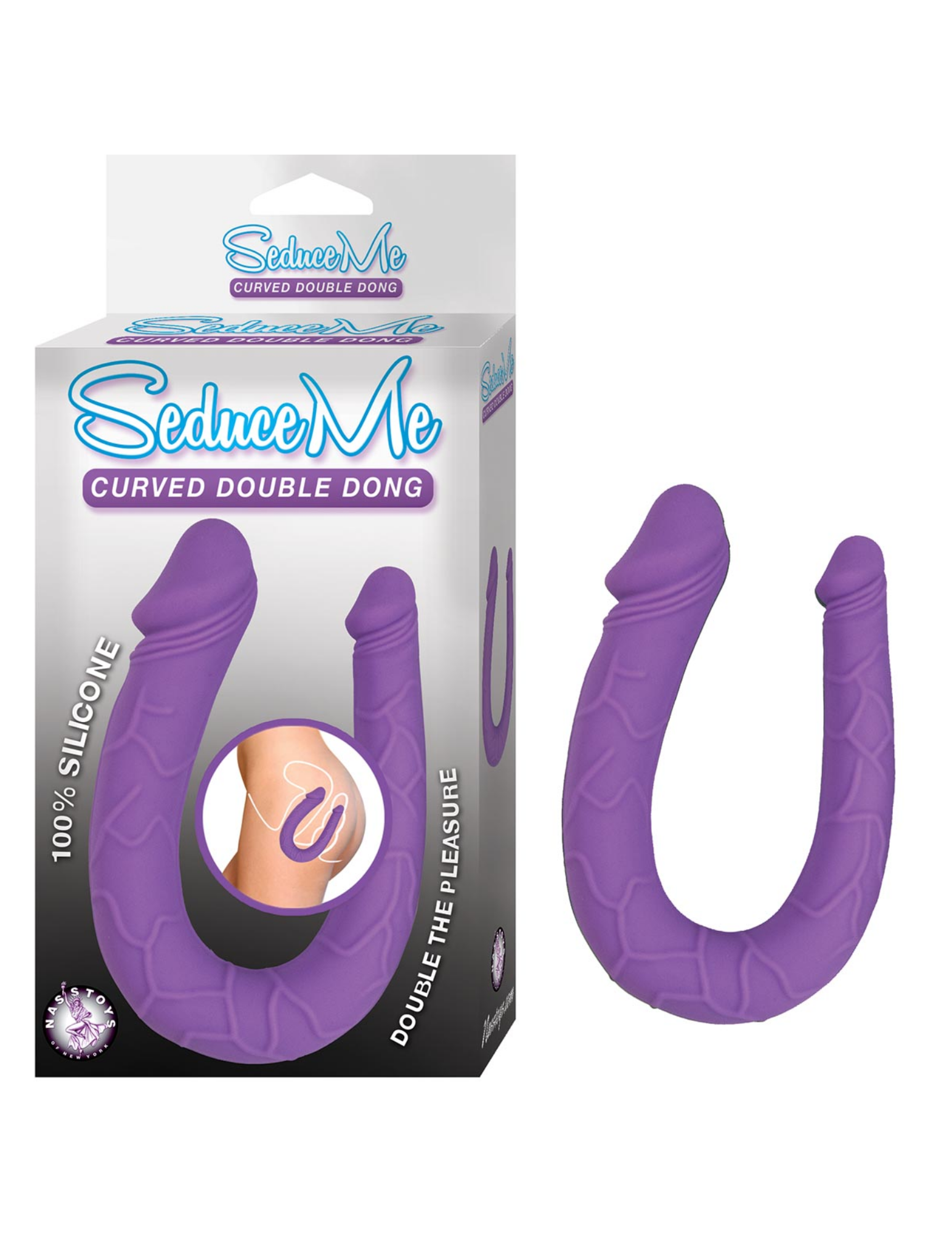 Nasstoys Seduce Me Curved Double Dong next to its package (purple).