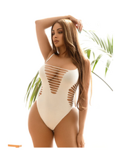 Model wearing Seamless Shredded Racer Back Bodysuit from Leg Avenue (white).