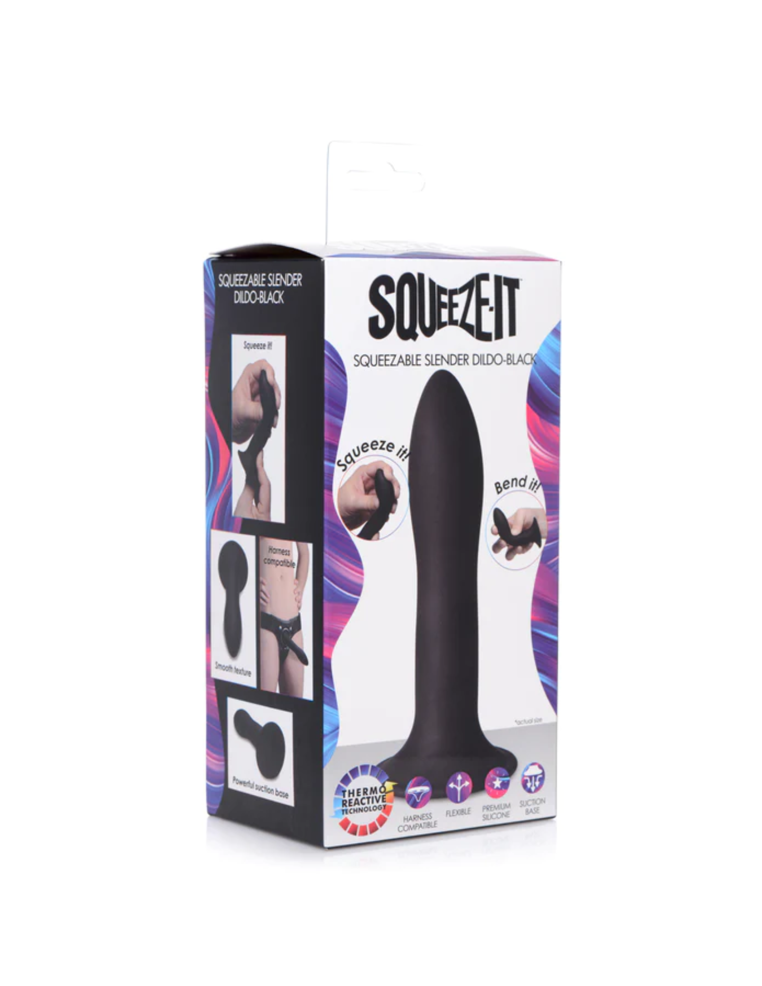 Squeeze-It Squeezable Slender Dildo (black) in package.