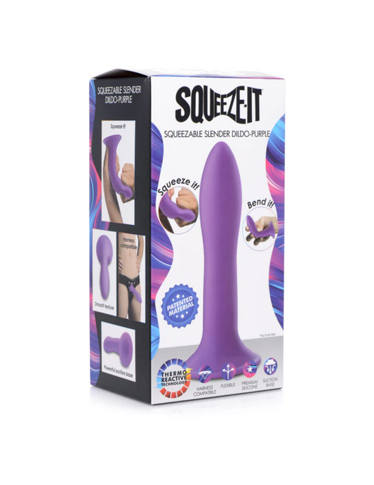 Squeeze-It Squeezable Slender Dildo (purple) in package.