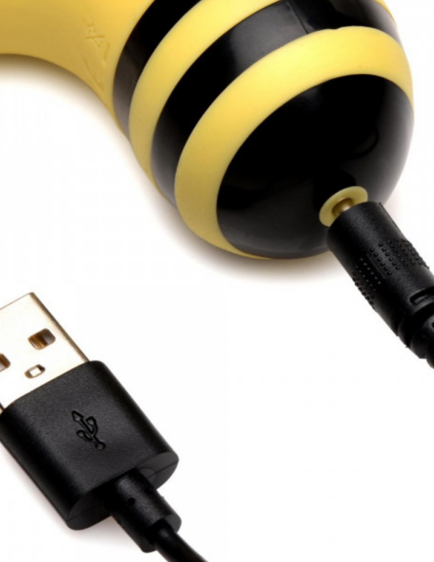 Close-up of the USB charging cord and port on the Shegasm Sucky Bee Finger Vibe from XR Brands.