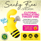 Sucky Bee ad featuring: "Sucky Bee is compact: fits in your palm or purse, you can tuck it away for on-the-go pleasure!" "This bee will make you drip honey". This product has a 5 year warranty, is made of premium silicone, USB rechargeable, and has 10+5 patterns.