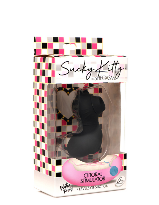 Photo of the front of the box for the Shegasm Sucky Kitty Clitoral Stimulator from XR Brands (black).