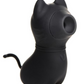 Close-up of the Shegasm Sucky Kitty Clitoral Stimulator from XR Brands (black) shows off its suction mouth and petite size.