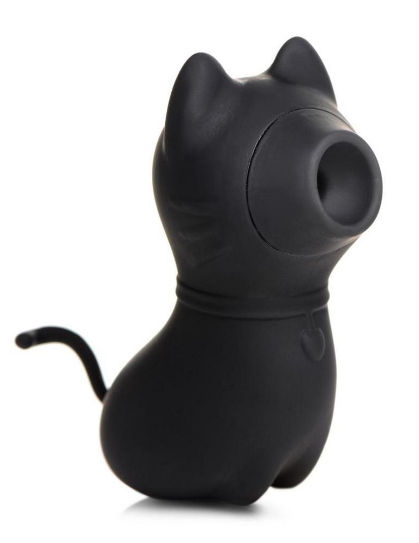 Close-up of the Shegasm Sucky Kitty Clitoral Stimulator from XR Brands (black) shows off its suction mouth and petite size.