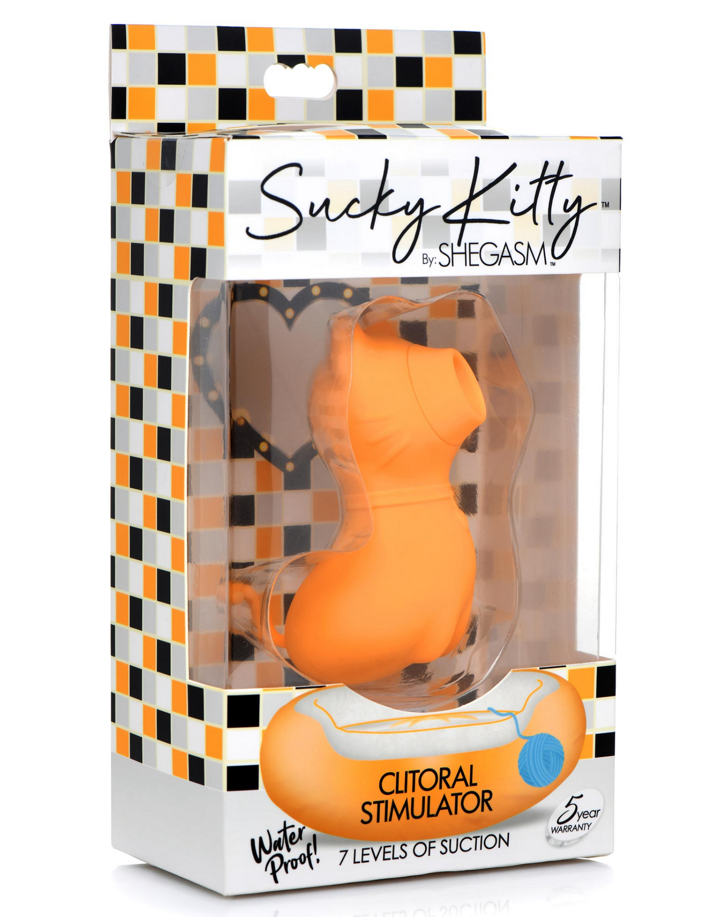 Photo shows the front of the box for the Shegasm Sucky Kitty Clitoral Stimulator from XR Brands (orange).