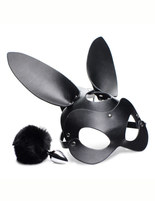 Side angle photo of the bunny mask and bunny tail plug.