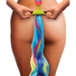 Photoshopped image of a woman holding the unicorn tail butt plug behind her back.