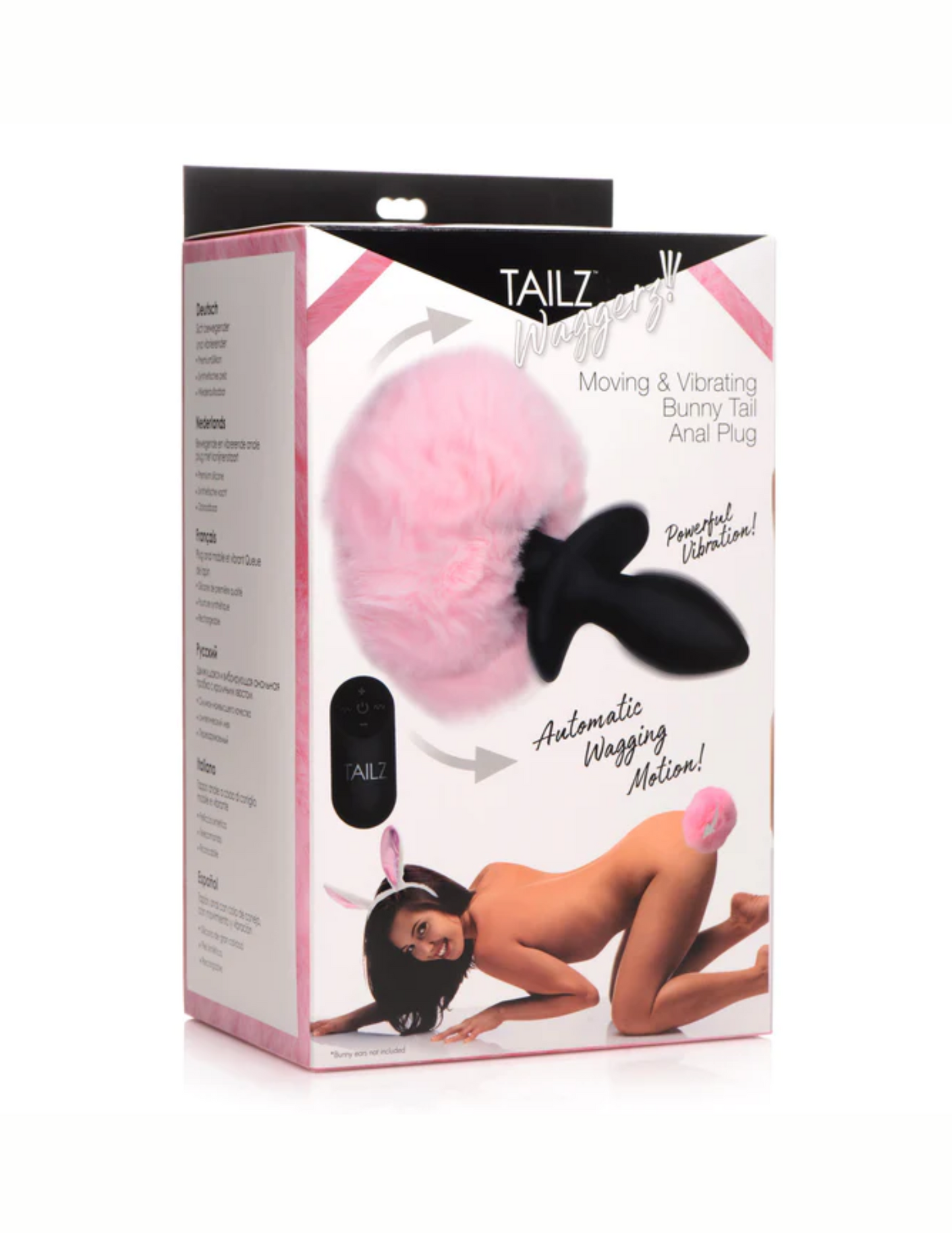 Tailz Waggerz Moving and Vibrating Bunny Tail Anal Plug (pink) in package.